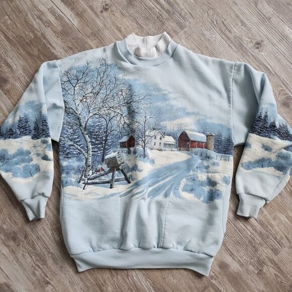 Vtg 80s 90s All Over Print Winter Wonderland Nature Sweatshirt Art Graphic XL - Picture 6 of 14